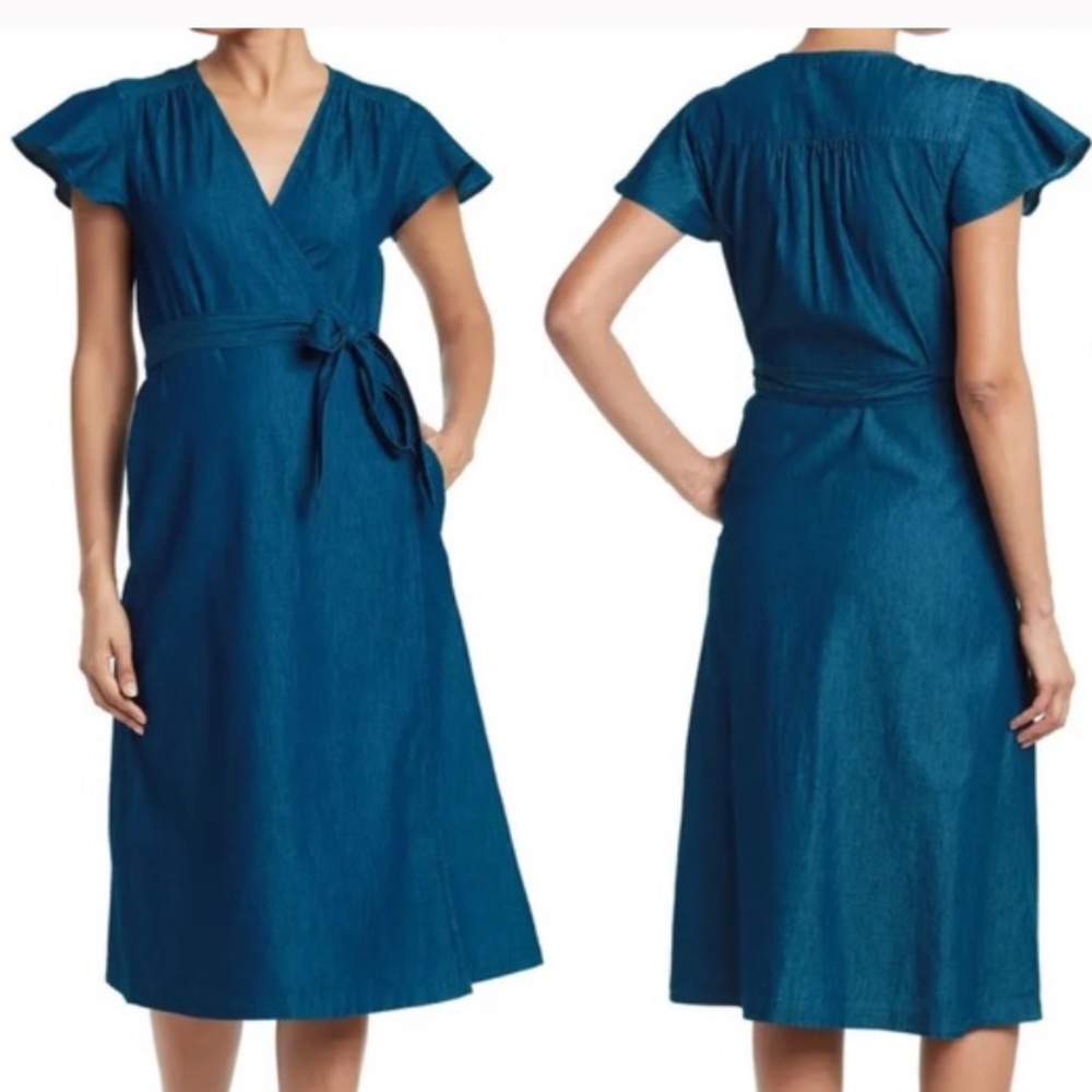 Draper James Chambray Midi Denim Wrap Dress With … - image 1